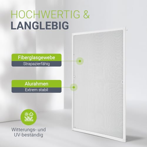 Juskys Fliegengitter Fenster 100x120 cm – Insektenschutz mit Alu Rahmen zum Einhängen, Montage ohne Bohren, Mücken- & Fliegenschutzgitter – Weiß