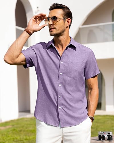 Image of Alimens & Gentle Mens Linen Shirts Short Sleeve Button Down Shirts Wrinkle Free Casual Vacation Beach Summer Tops