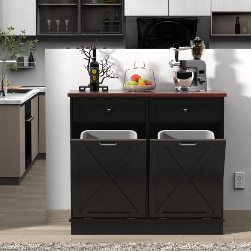 Double Tilt Out Trash Can Cabinet,Farmhouse Style Kitchen Trash Cabinet with Barn Door, Solid Wood Tabletop, Pet Proof Trash Can Odor Blocking, Wood Laundry Cabine Keep Clean