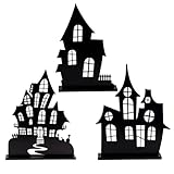 AuldHome Spooky Halloween House Village Silhouettes (Set of 3); Scary Haunted House Wood Statue Figurines Centerpiece Set