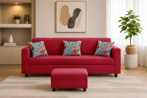 Image of Rosebell 3 Seater Sofa with Ottoman | Living Room Couch | with Printed Cushions | Sofa for Home, Apartment & Office-Red Color