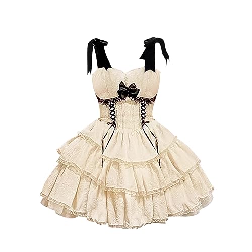 Packitcute Japanese Lolita High Waist A Line Cute Dress Sweet Flare Ruffle Princess Party Lace Bow Casual Dresses