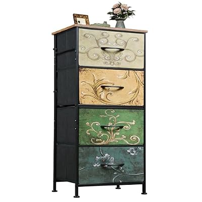 WLIVE Dresser with 4 Drawers, Storage Tower, Organizer Unit, Fabric Dresser for Bedroom, Hallway, Entryway, Closets, Vintage Furniture with Sturdy Steel Frame, Wood Top, Pull Handle, Floral Painted
