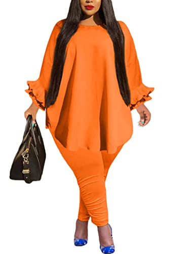 Plus Size Sets Women 2 Piece Outfits Casual Solid 3/4 Puff Sleeve Oversized Top Bodycon Ruched Pants Tracksuits Set Orange #TOP11