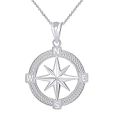 Fine 925 Sterling Silver Round North Star Compass Adventures Pendant Necklace, 22'