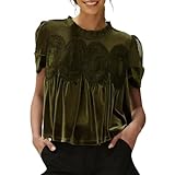 Women's Velvet Lace Blouse Casual Round Neck Short Sleeve Flared Swing Top Elegant Loose Intricate Back Design(Green, XXL)
