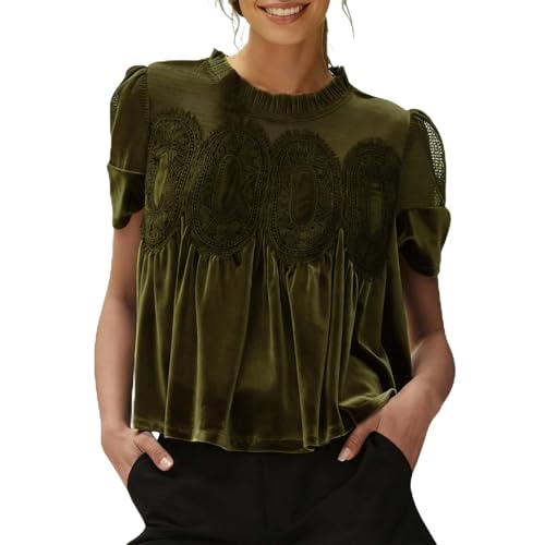 Women's Velvet Lace Blouse Casual Round Neck Short Sleeve Flared Swing Top Elegant Loose Intricate Back Design(Green, XXL)