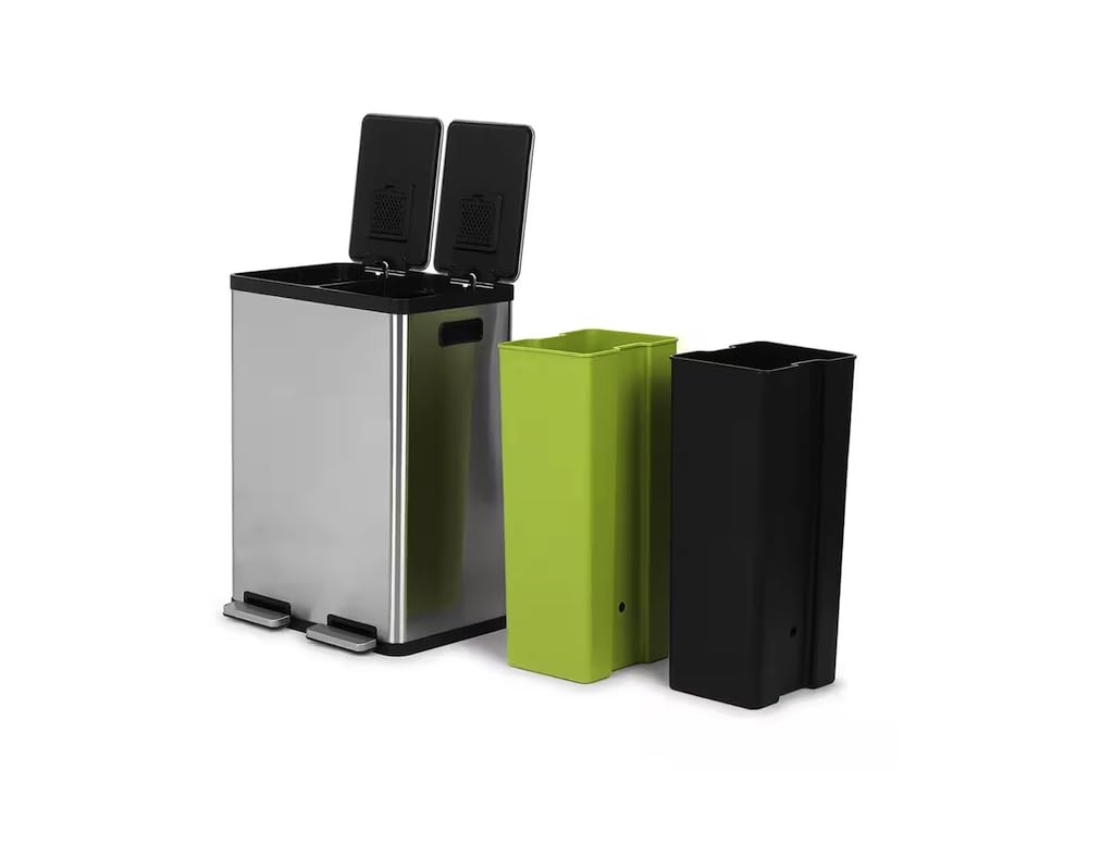16 Gallon Rectangular Hands-Free Dual Compartment Recycling Kitchen Step Trash Can with Soft-Close Lid, Stainless Steel CE84521