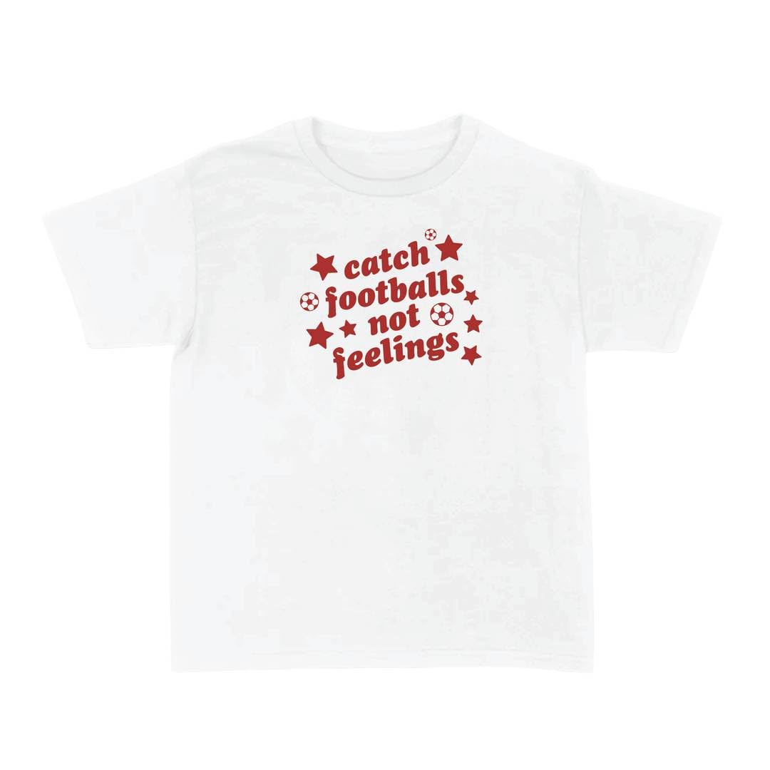 Womens England Football Slogan Baby Tee - Medium - White Cropped Cotton Y2K Fan Top with Catch Footballs Not Feelings Print - Ladies Fitted Matchday T-Shirt