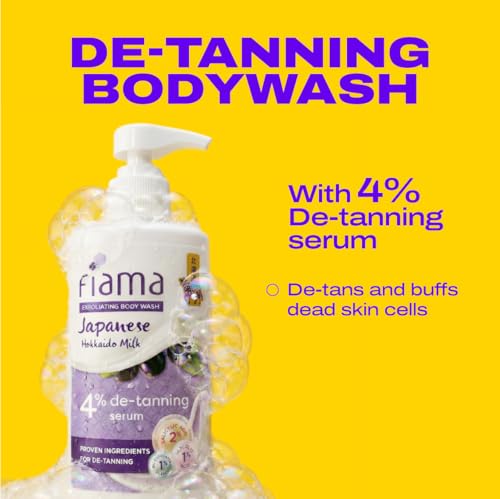 Image of Fiama 4% Detan Serum Exfoliating Body Wash 250ml, 2% Salicylic Acid, 1% Glycolic Acid, 1% Exfoliating Tan Removal Shower Gel, Gently removes dead skin | Exotic Japanese Hokkaido Milk, Punchy Grapefruit Fragrance