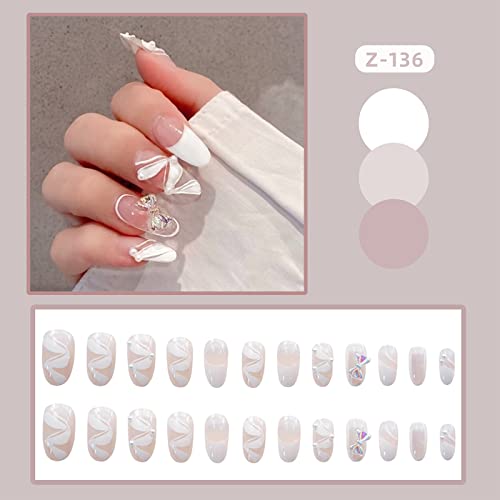 Votacos Press On Nails Short Round Fake Nails Nude False Nails With 3D Kawaii Bow Knot Design Glossy Stick On Nails For Women #TOP3