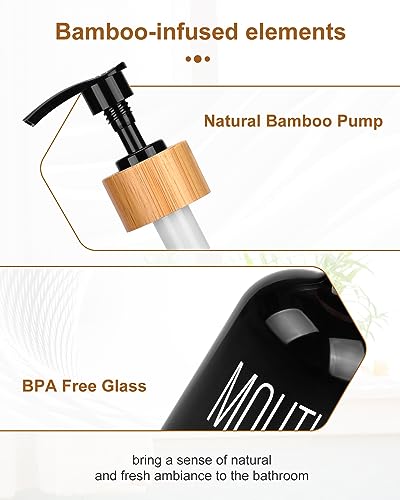 ポンプマウスウォッシュディスペンサー、バスルームカウンタートップ用ガラスマウスウォッシュ容器、マウスウォッシュボトルデキャンタ、ブラック、プリントフォント