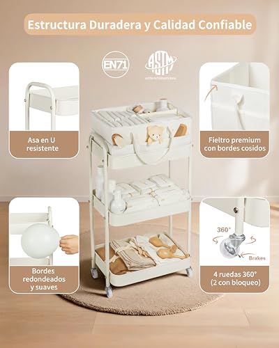 Miniatura 3 de Fortella Carrito Auxiliar Con Ruedas 3 Niveles, Cesta Bebe Recien Nacido Niño Fieltro Portátil,Almacenamiento Hogar,Organizador Pañales Para Bebé Regalos Bebe,Multifuncional Carrito Cocina Baño Beige