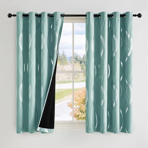 NICETOWN 100% Blackout Aqua Blue Curtain Panels 63 inches 2 Pieces, 52 inches Wide Light Reducing Thermal Insulated Solid Grommet Window Treatments/Drapes for Living Room/Nursery/Kids Room