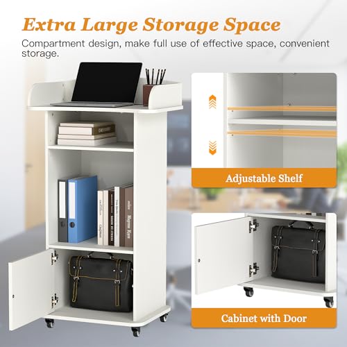 image for Qriocioa Podium Stand with Metal Wheels Wooden Lectern Podium Stand Po