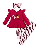 2-3 Years Old Toddler Girl Clothes Fall Winter Fashion Christmas Outfit Set Red Long Sleeve Reindeer Print Top Striped Pants Headband Set Overall Outfit Set 3PCS