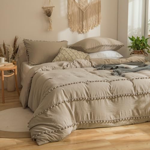 Tospass Quaste Bettwäsche Set 220x240cm Khaki Pompons Fransen Boho Mädchen Bettwaren-Sets Gewaschene Microfaser Unifarben Deckenbezug Bettbezug mit...