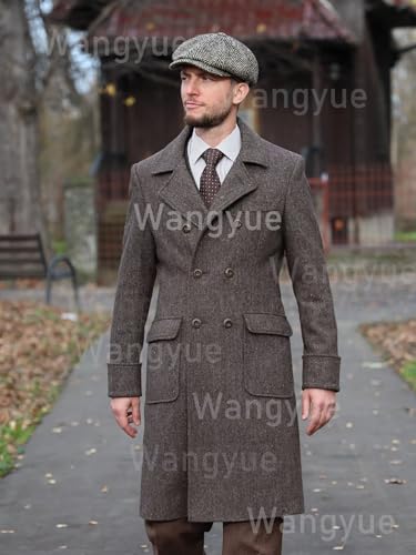 Wangyue Tweed Trench Coat Men Double Breasted Pea Coats Notch Collar Herringbone Tweed Overcoats Slim Fit Winter Wedding3