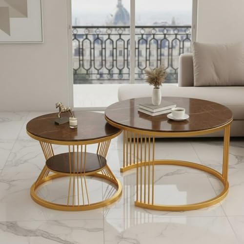 Image of Modern Nested Coffee Table Set of 2 | Round Marble Finish Tabletop with Metal Base | Luxury Center Table for Living Room, Lounge & Office (Gold Brown)