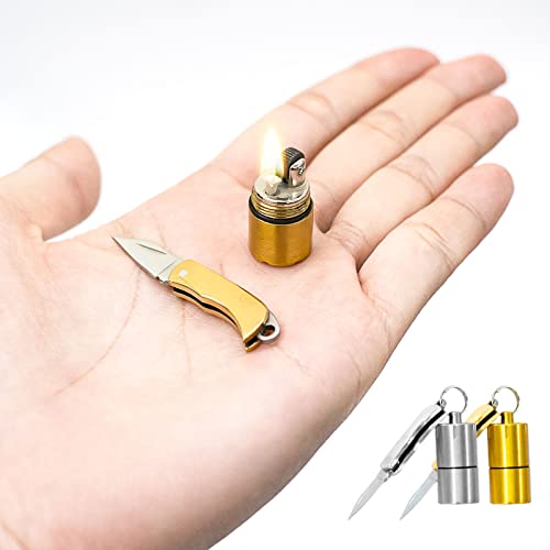 LEKIA Mini Überlebenswerkzeug Set, Mini Taschenmesser Klappmesser Kleines Schlüsselanhänger Messer mit Kerosin Lampen, Gadgets für Männer, Survival Kit Outdoor Camping Selbsthilfe Gerät, 2 Stück