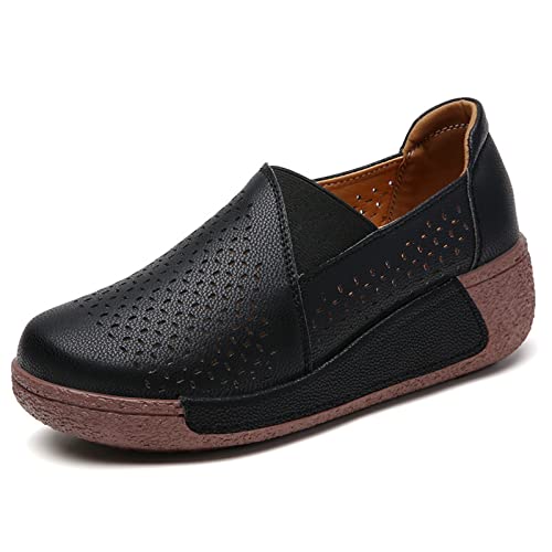 Image of Women's Round Toe Platform Wedge Slip On Loafers, Comfortable Genuine Leather Moccasin Low Top Casual Cutout Loafers.