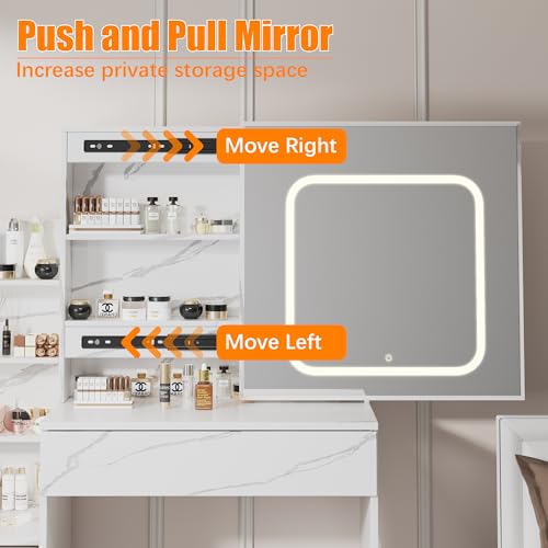 Vanity Desk with Sliding Mirror and Lights, Makeup Vanity Set with 4 Drawers, Stool, Power Outlet, Open Shelves, 3 Color Adjustable Lighting Modes, Makeup Dressing Table for Bedroom, Marble-White