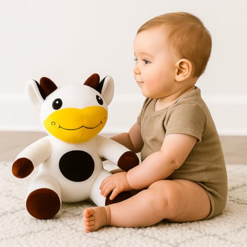 Image of 25 cm Sitting Cow Soft Toy, White and Black Spots, Plush