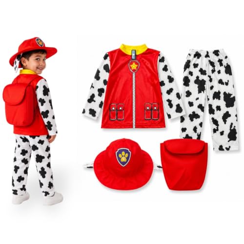 Image of WANNA PARTY Cute Cartoon Paw Chase Marshall Costume with red backpack for Boys for Birthday Outfit,Halloween, Pretend Play Costume Dress for Boys.Size-3 to 5 years