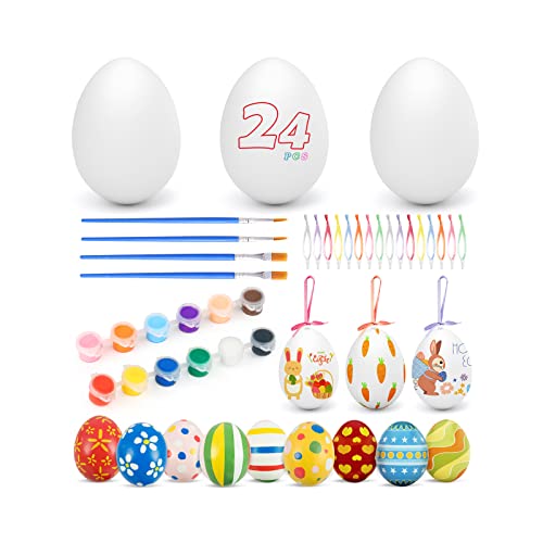 24 huevos de Pascua de plástico blanco, para manualidades, 6 cm, huevos de plástico para manualidades, decoración de Pascua, con cinta de colores y lápices de colores Cover