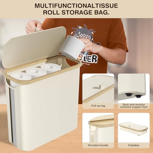 Toilet Paper Storage Basket with Lid and Handle, Foldable Toilet Paper Basket Organizer for Bathroom, Large Capacity Toilet Paper Holder with Storage for 12 Mega or 16 Regular Rolls, Beige image 2
