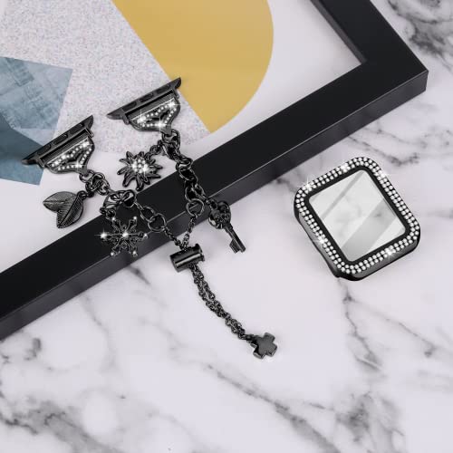 JOYOZY Band Compatible with Apple Watch 38mm 40mm 41mm 42mm 44mm 45mm 46mm, Bling Strap with Glitter Case Built-in Screen Protector, Interchangeable Charms Dressy Bracelet for Women