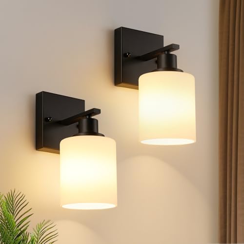 Image of MOKATNG Set of 2 Wall Sconces for Bathroom,Black Modern Vanity Lights with White Glass Shade,Bathroom Wall Lamp for Mirror Kitchen Living Room Hallway Cabinet Porch