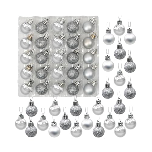 Festive Fix 25 Silver Mini Christmas Baubles - Shatterproof, Lightweight Small Tree Decorations for Xmas Home, Party & Festive Displays