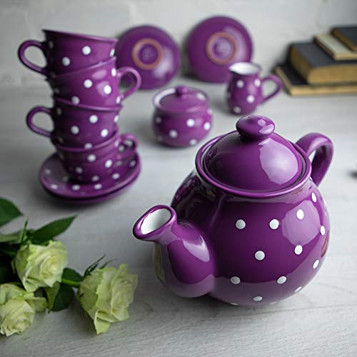 Handmade Purple And White Polka Dot Ceramic Teapot Set, Large 1,7L/60Oz/4-6 Cup Teapot, Milk Jug, Sugar Bowl, Four Cups And Saucers Tea Set, Pottery Housewarming For Tea Lovers By City To Cottage® #TOP1