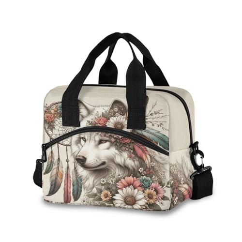 Lunch Bag for Girls Boys Women, Flower Dreamcatcher Wolf Lunch Box Container Reusable Cooler Insulated with Adjustable Strap for School Office