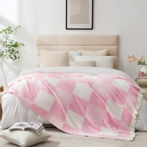 Snuggle Sac Checkered Blanket, Baby Pink Throw Blanket for Couch Plaid Microfiber Fluffy Warm Cozy Fuzzy Soft Throw Blanket Reversible Checkerered Blankets for Sofa, Chair, Bed, 50x60 inches