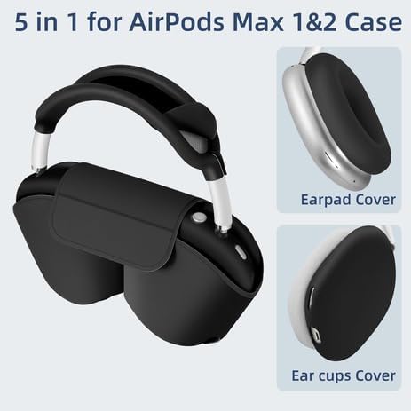 Aiivioll for AirPods Max Smart Case with 4-in-1 Cover Set, Soft Leather Case with Sleep Mode for AirPods Max Headphones(2024/2020), Silicone Ear Pad/Ear Cup/Headband Covers(Up & Down), Black