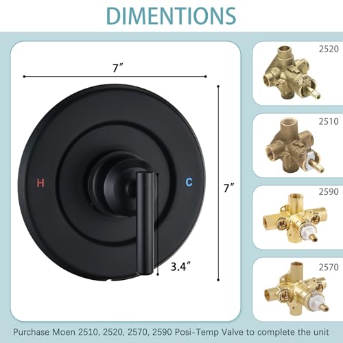 Replacement for Moen Posi-Temp Valve Only Shower Faucet Trim Kit (Valve& Catridge Not Inclued), Volume and Temperature Control Level Handle, Matte Black - Thumbnail 5