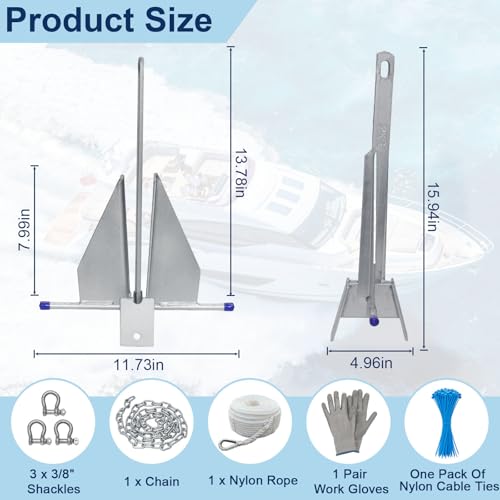 Glazir 5/8/10/13 lb Galvanized Fluke Danforth Anchor Kit with Chain, Rope, Shackles & Non-Slip Gloves, Boat Anchor for Fishing Boats, Bass Boats, Sport Boats & Yachts