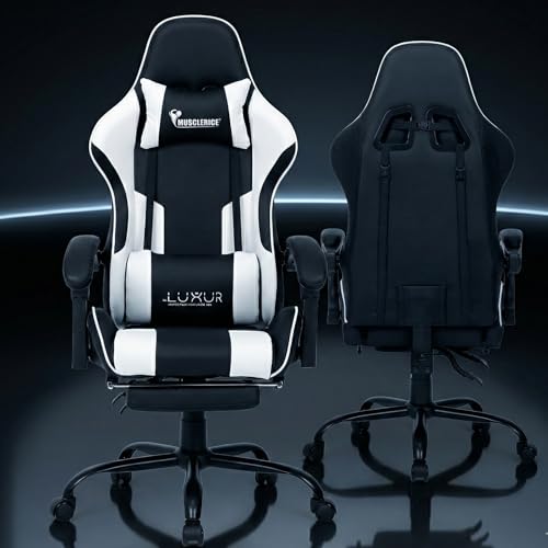 Image of Dr Luxur Musclerice Gaming Office Chair Ergonomic Lumbar Support, PU Leather High Back, Swivel Task Chair with Footrest, Removable Neck, Padded Linkage Arm Rest (Black)