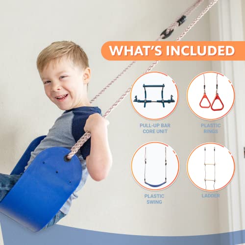 Gym1 Indoor Home Playground Bundle, 6 Pieces Total: Includes 2 Pull-Up Bar Core Units, Red Swing, Blue Swing, Plastic Rings, And Climbing Ladder; For Indoor Home Fitness And Recreation #TOP2