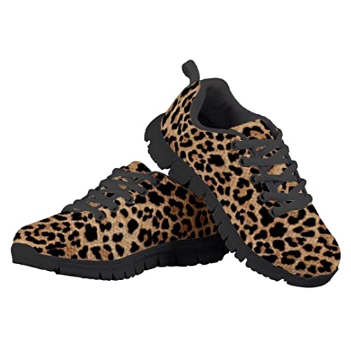 Dellukee Running Shoes for Girls Boys Black Bottom Kids Breathable Athletic Tennis Walking Leopard Sneakers3