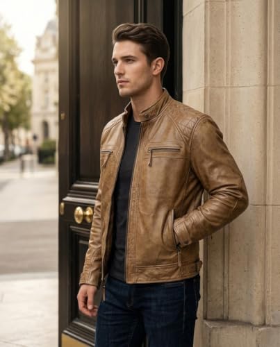 Image of Mens Vintage Retro Biker Cafe Racer Jackets - Diamond Quilted Style Genuine Leather Motorcycle Jacket