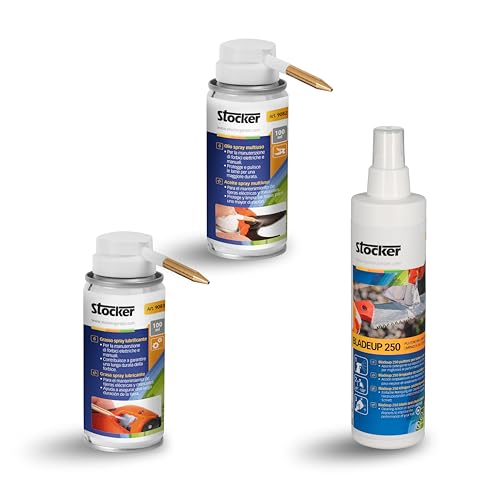 STOCKER - Kit Manutenzione Professionale per Forbici a Batteria - Olio Spray, Grasso Lubrificante, Detergente - 3 Pezzi