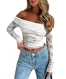 Women Y2k Lace Long Sleeve Top See Through Mesh Crop Top Floral Slim Fit Off Shoulder Top Tee Shirt Blouse Streetwear (G3-Floral White, S)