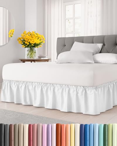 Wrap Around Dust Ruffle Bed Skirt - White - for King Size Beds with 15 Inch Drop - Easy Fit Elastic Strap - Adjustable Pleated Bedskirt w/Brushed Fabric - Wrinkle Free - for Women, Men, Kids & Teens