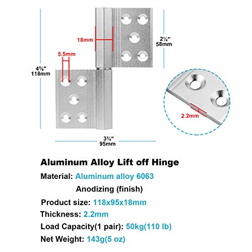 8 Packs 4⅝ X 3¾ Inches Lift Off Hinge Flag Hinges Detachable Door Hinges, Aluminum Alloy Hinge With 10 Mounting Countersunk Holes, Thickness 2.2Mm, Max Load 110 Lb One Pair(Screw Not Included) #TOP1
