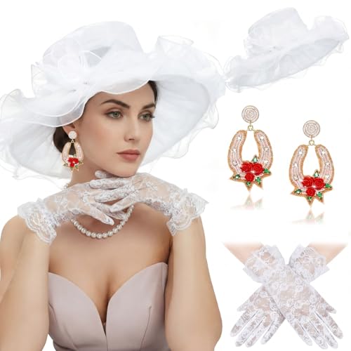 Tradder 3 Pcs Derby Outfits for Women Organza Fascinator Hat Beaded Derby Earrings Gloves Tea Party Outfit for Ladies (White Elegant)