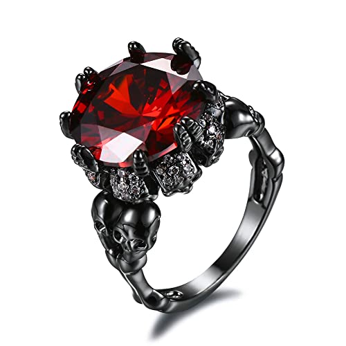Bague double crâne noir cœur rouge zircon, cadeau de mariage bijoux punk