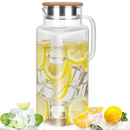 Ezvsevuo Jarra Agua Cristal 1,8 Litros Transparente Jarra de Vidrio con Tapa de Madera,Resistente al Calor Botella Cristal Jarra Nevera para Agua Helada y Agua Caliente,Café,Jugo de Fruta,Té